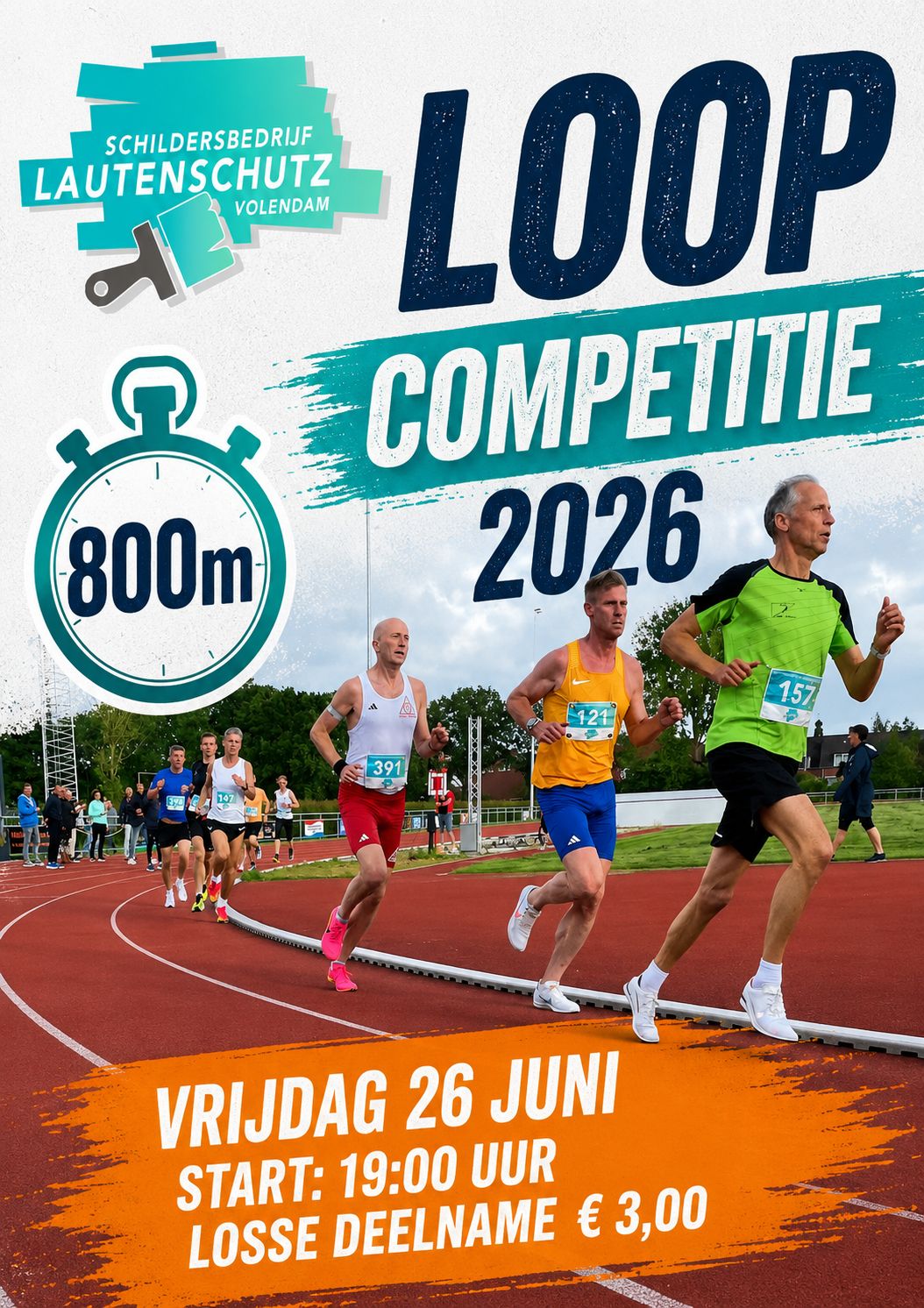 Vrijdag 26 juni: 800 meter van de Schildersbedrijf Lautenschutz Loop Competitie 2026!